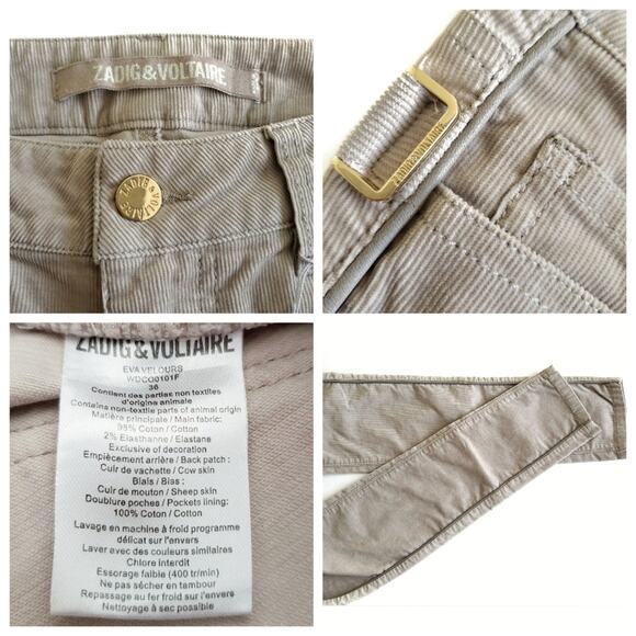 ZADIG & VOLTAIRE Eva Velours skinny corduroy pants in greige Size 36 Small NEW - Picture 7 of 9